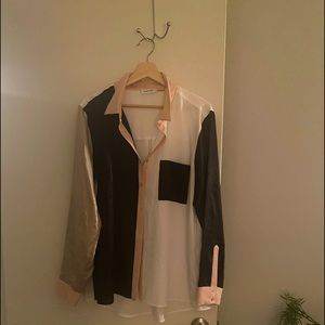 Color block white blouse: salmon pink, black and soft gold